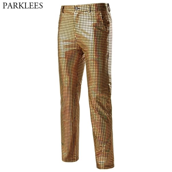 Shiny Gold Metallic xadrez calças homens nightclub dançarino cantor punk rockpants festival festival de natal festa festa calças masculino 3xl 210522