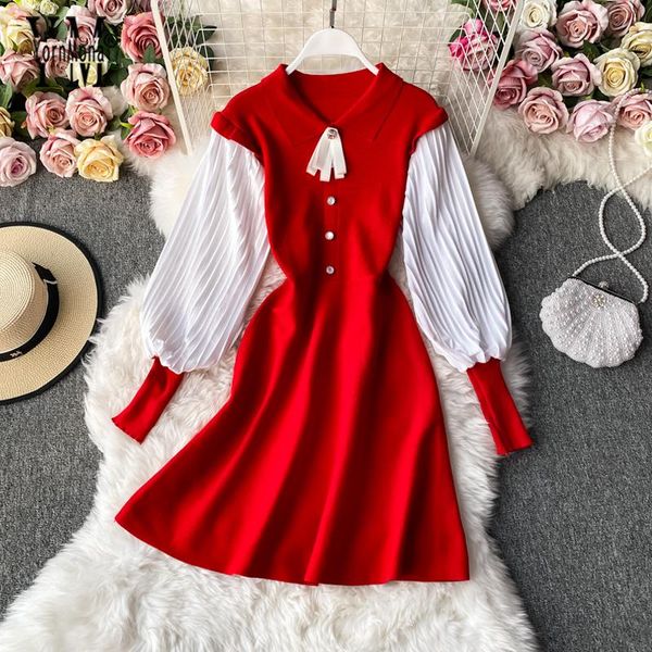 

casual dresses yornmona chic sweet women dress autumn elegant puff sleeve a-line knitted korean fashion short girl redcollege party, Black;gray