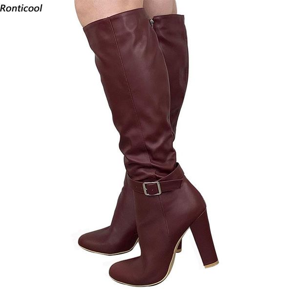 

ronticool women winter knee high boots side zipper buckle square heels round toe wine red party shoes plus us size 5-15, Black