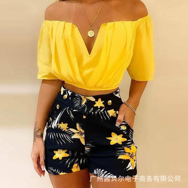

women's tracksuits 2021 yellow one-shoulder short-sleeved suit printed shorts, Gray