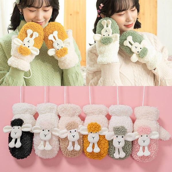 

five fingers gloves plus velvet wrist padded halterneck lamb winter thicken warm hanging neck female mittens double layer, Blue;gray