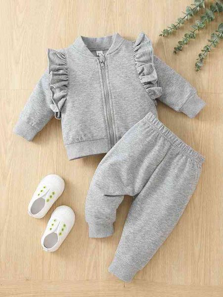 

baby solid ruffle detail zip-up jacket & sweatpants she, White