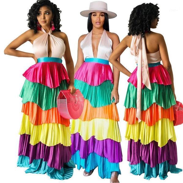 

fashion multicolor cake pleated dress two piece, White