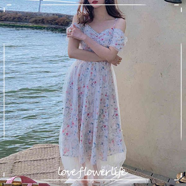 

korean style elegant midi dresses women casual short sleeve floral strap dress v-neck summer beach dresses females chic 210521, Black;gray