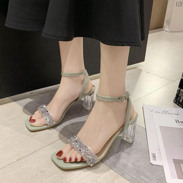 

all-match open toe 2021 sandals black shoes for women high heels peep beige gladiator elastic band high-heeled rhinestone c dress