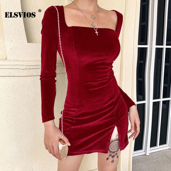 

casual dresses solid color square collar autumn winter mini dress elegant golden velvet long sleeves split sweet slim vestido, Black;gray
