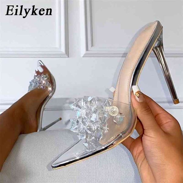 

eilyken pvc transparent crystal women slippers summer pointed toe high heels slides ladies party sandals pumps shoes 210310, Black