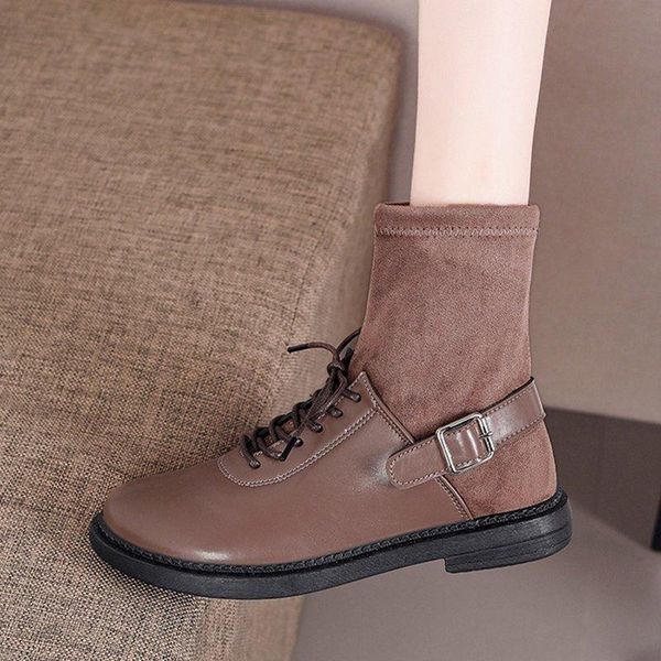 

boots women pu leather patchwork ankle woman autumn flat heels buckle casual botas nice british style lace up sock, Black