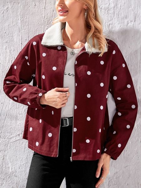 

emery rose polka dot borg collar drop shoulder zipper jacket 3845#, Black;brown