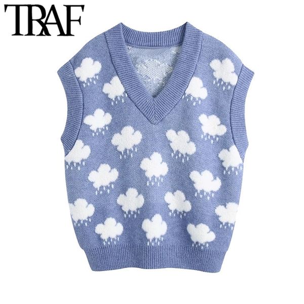 

women fashion jacquard loose knitted vest sweater vintage v neck sleeveless female waistcoat chic 210507, White