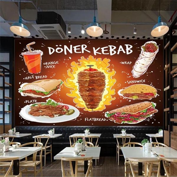 Обои на заказ 3d рисованной донор кебаб плоский хлеб сэндвич тарелка апельсиновый сок роспись обои фаст-фуд ресторан роспись водонепроницаемый