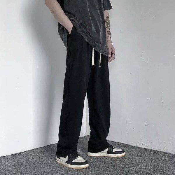 

men's pants summer sports loose solid color comfortable lace up casual s-3xl, Black