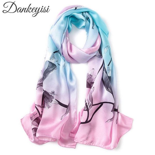 

scarves dankeyisi women silk scarf shawl 2021 autumn brand designer ladies natural long pure female banana hijab, Blue;gray