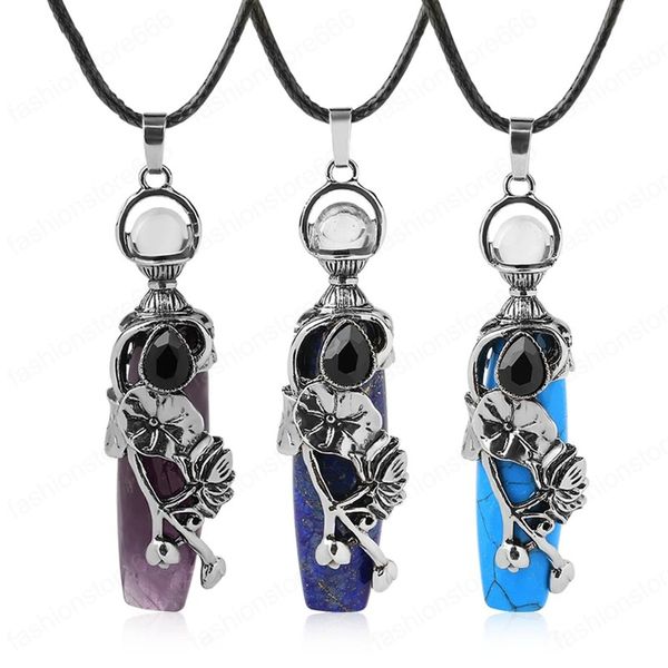 

natural stone pendant necklace leaf flower column crystal necklaces for women symbol healing quartz jewelry tiger eye, Silver