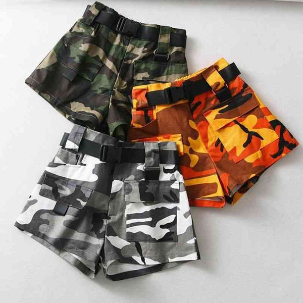 

summer cotton high waist shorts for women fashion belt vintage cargo biker pocket korean version 210603, White;black