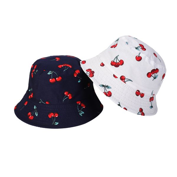 

cherry print bucket hat fruit basin hats double-sided spring summer fisherman cotton breathable hat for man 211540, Blue;gray