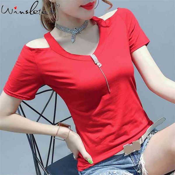 

summer solid t shirt cotton v-neck off-shoulder diamonds pendant slim short sleeve tee women clothing t02613b 210421, Black;gray