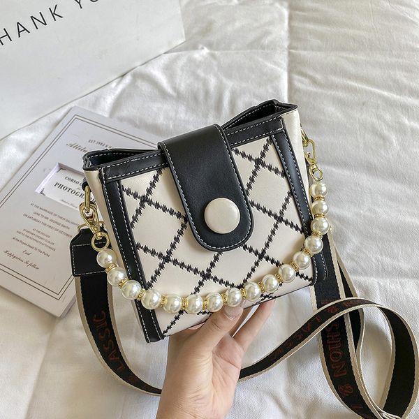

handbag foreign style pearl bag women's 2021 summer fashion korean version bucket lattice shoulder contrast color