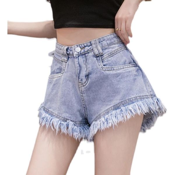 

women's jeans summer wear high waist pure cotton fringed denim shorts wide leg pants a-line fashion goes with everything, Blue
