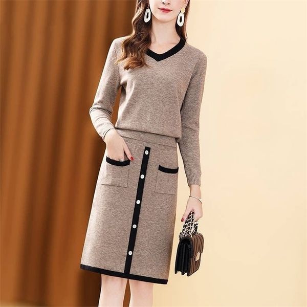 

all-match sweater women's suit skirt two-piece autumn and winter temperament thin knitted women fashion 210603, White