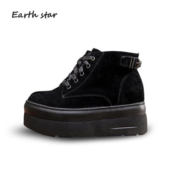 

boots platform shoes women fashion brand lady chaussure autumn female footware real leather cross-tied ankle black