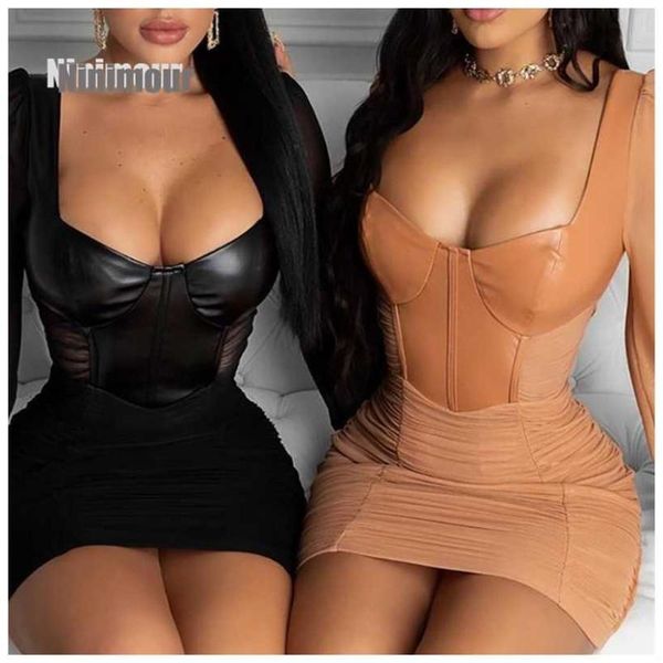 

casual dresses 2021 autumn elegant women's fashions ruched plutonium leather crocheted bodycon dress square neck party long sleeve, Black;gray