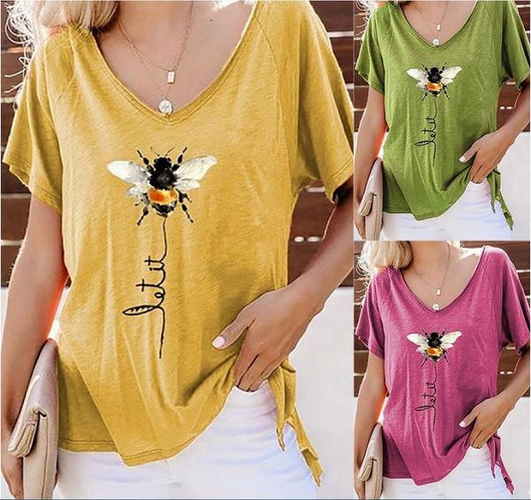 

summer print v neck short women's t-shirt sleeve loose fit casual t-shirt top, White