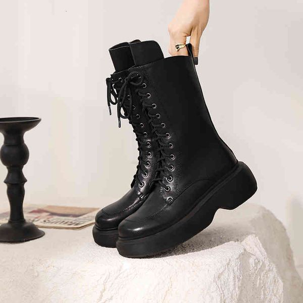 

boots women's ankle boots natural leather shoes 22-24.5cm autumn and winter side zipper platform rentals martin women's 5pw3, Black