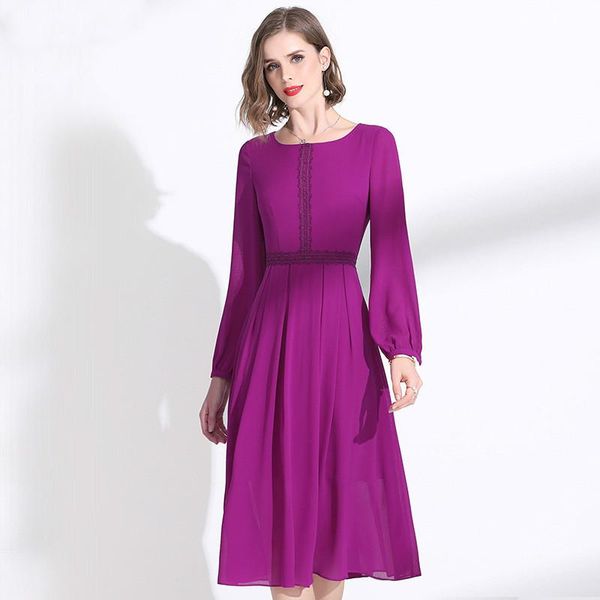 

casual dresses dress women 2021 ladies classy purple chiffon round neck long sleeves lace patchwork slim a-line over the knees -xxl, Black;gray