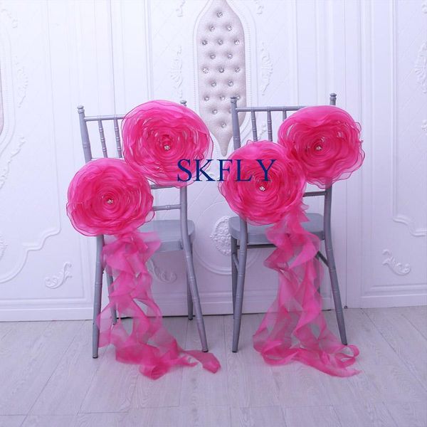 

pink fancy wedding decoration organza chair flower with sash and crystal sashes
