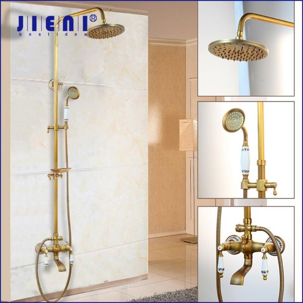 

wall mounted bathroom rainfall shower faucet set antique brass handshower bathtub solid faucets w/ shelf sets