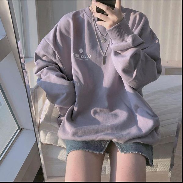 

hoodies women shirt letter korean long sleeve autumn thin chic purple harajuku femme pullovers oversized black girl streetwear, White