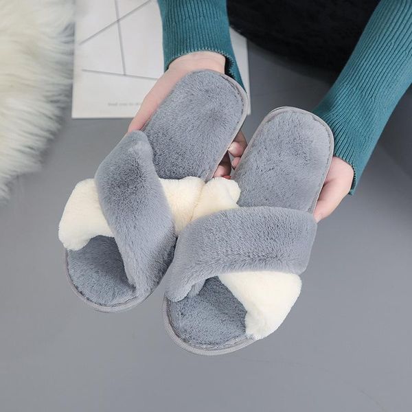

women slippers winter house shoes faux fur warm home woman indoor soft anti slip on flats female furry, Black