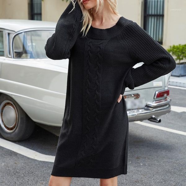 

warm autumn and winter solid color pattern long knitted dress casual dresses, Black;gray