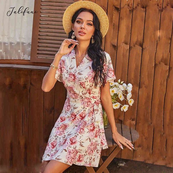 Mode V-ausschnitt Weiß Blumendruck Kleid Frauen Sommer Neue Mini Wrap Kleider Kurzarm Tunika Strand Party Sommerkleid Weibliche 210415