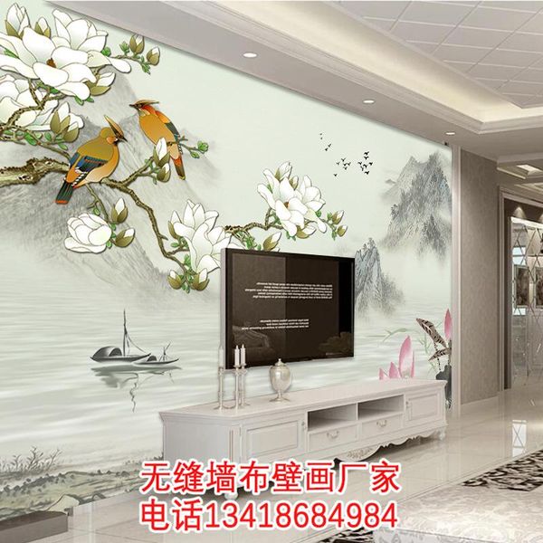 

wallpapers ink fine brushwork magnolia lotus flowers and birds landscape living room television sofa wall seamless mural