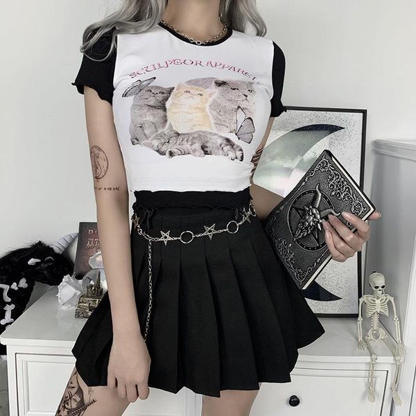 

women's t-shirt y2k summer cute cat graphic print ruffle hem t-shirts for women e-girl kawaii o-neck short sleeve patchwork crop, White