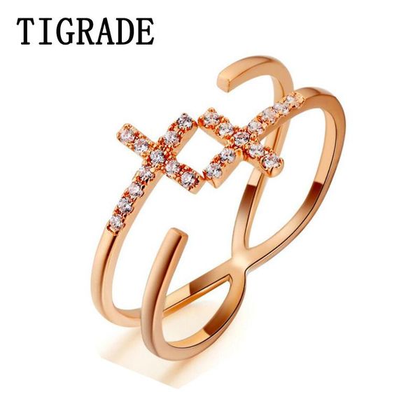 

tigarde party ring for women + cubic zirconia rose gold rings opening finger band resizable bagues pour femme wedding cluster, Golden;silver