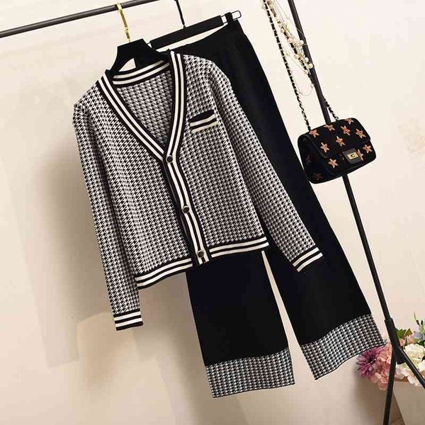 

women's two piece pants autumn knit houndstooth cardigan sweater and wide-leg pants outfits women crop trousers suits, White