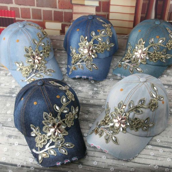 

pure handmade diamond inlaid gold silk flower dot drill 9-color denim baseball cap trendy women's summer sunshade casual hat, Blue;gray
