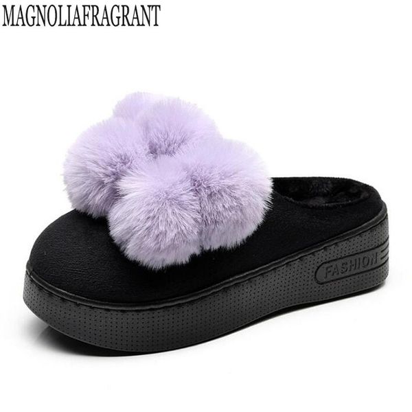 

slippers hairball decoration fur women winter flip flops pantufas cozy slides platform ladies shoes c29, Black