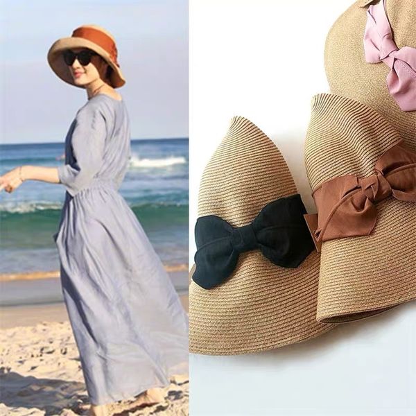 

sun li's same straw hat, beach women's summer screen foldable fisherman's hat, Blue;gray