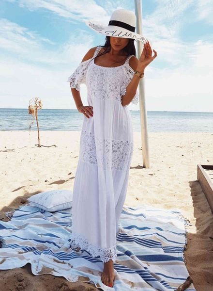 

women's women cotton patchwork lace long beach bikini swimwear vestido bathing suit cover ups sarong robe de plage tunic, White;black