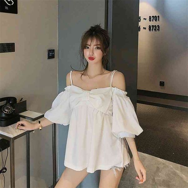 

summer women's blouse korean style sling bow puff sleeve solid color loose slim and thin female s ll338 210506, White