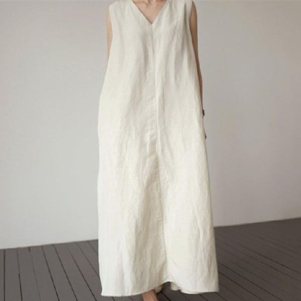 

casual dresses summer simple long dress women japan v-neck cotton linen vest korean style one piece robe, Black;gray
