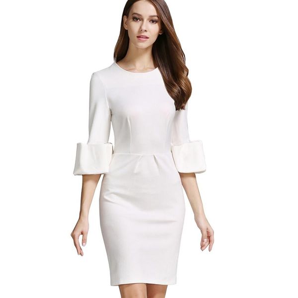 

casual dresses buenos ninos women o-neck slim puff sleeve back split bodycon sheath dress ruched elegant pencil midi, Black;gray