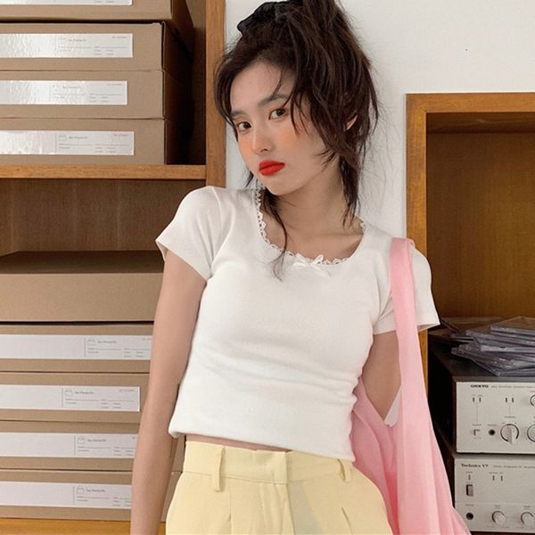 

women's t-shirt t shirt women square collar korean tshirt fashion short sleeve crop knitted female t-shirt slim women * 9nah, White