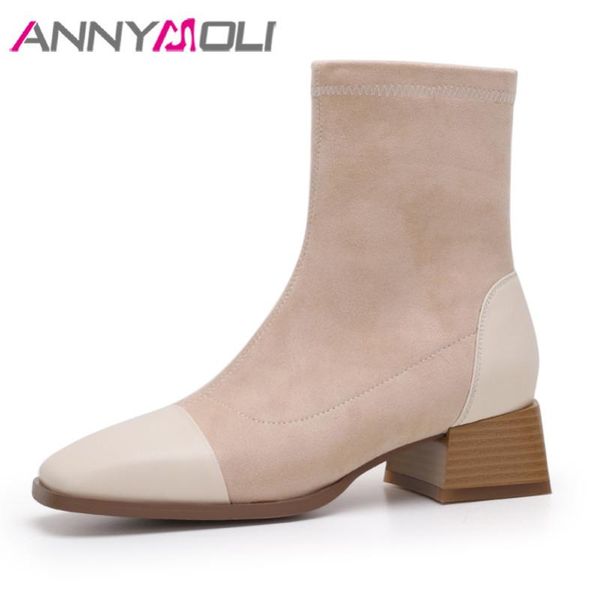 

boots annymoli real leather high heel short women ankle shoes square toe slip on chunky heels stretch apricot 33-40, Black