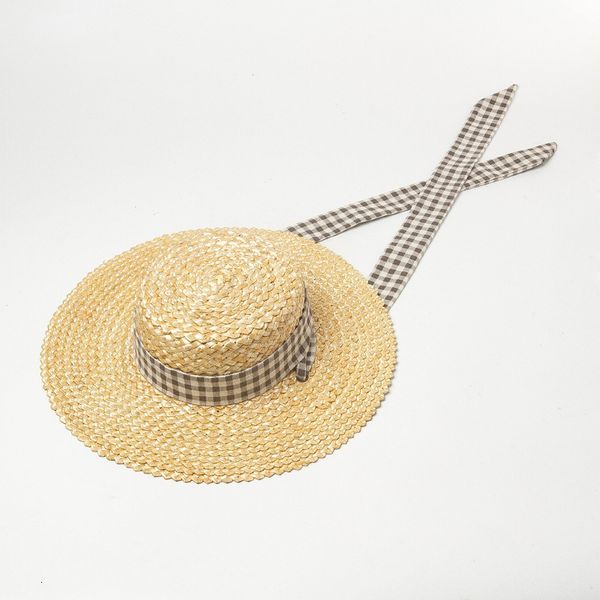 

fashion big hat spring and summer small wave pattern woven straw flat lattice strap outdoor sun shading, Blue;gray