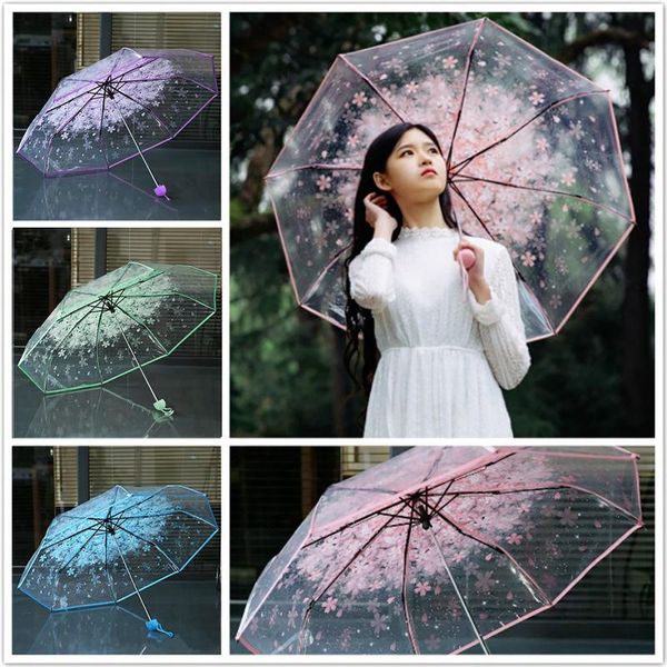 

umbrellas women's rain umbrella multicolor transparent clear cherry blossom mushroom apollo sakura printed three-folding